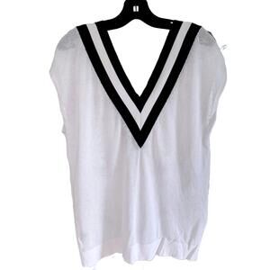 Tristan Women's White & Black Striped Drop Shoulder V-Neck Mesh Top - Large EUC